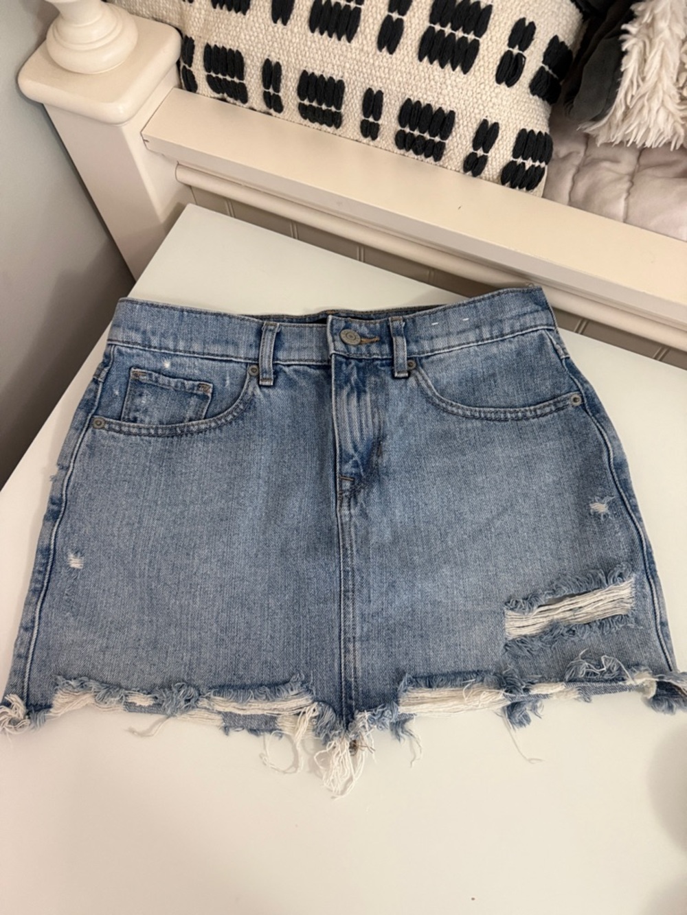 Express Distressed Light Blue Denim Mini Skirt